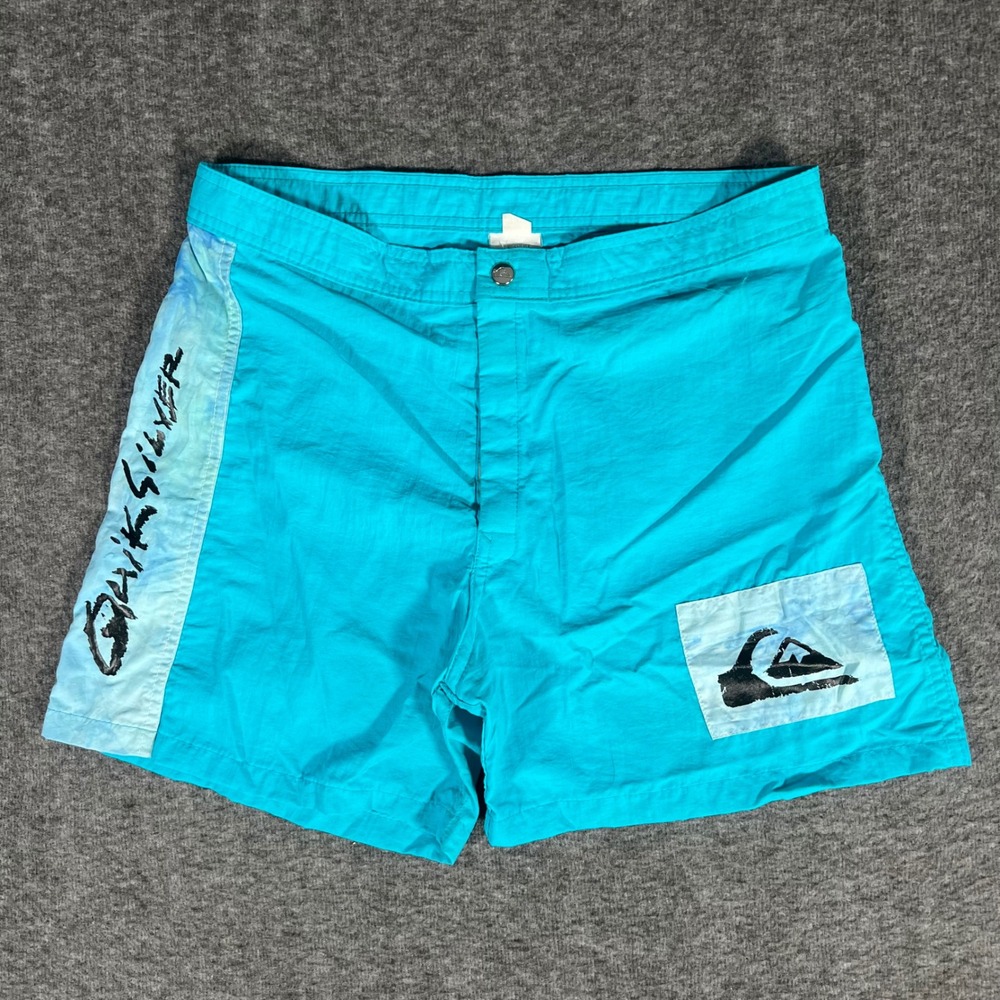 Vintage 80s Quiksilver Board Shorts Turquoise Blue Surf Trunks Mens 34